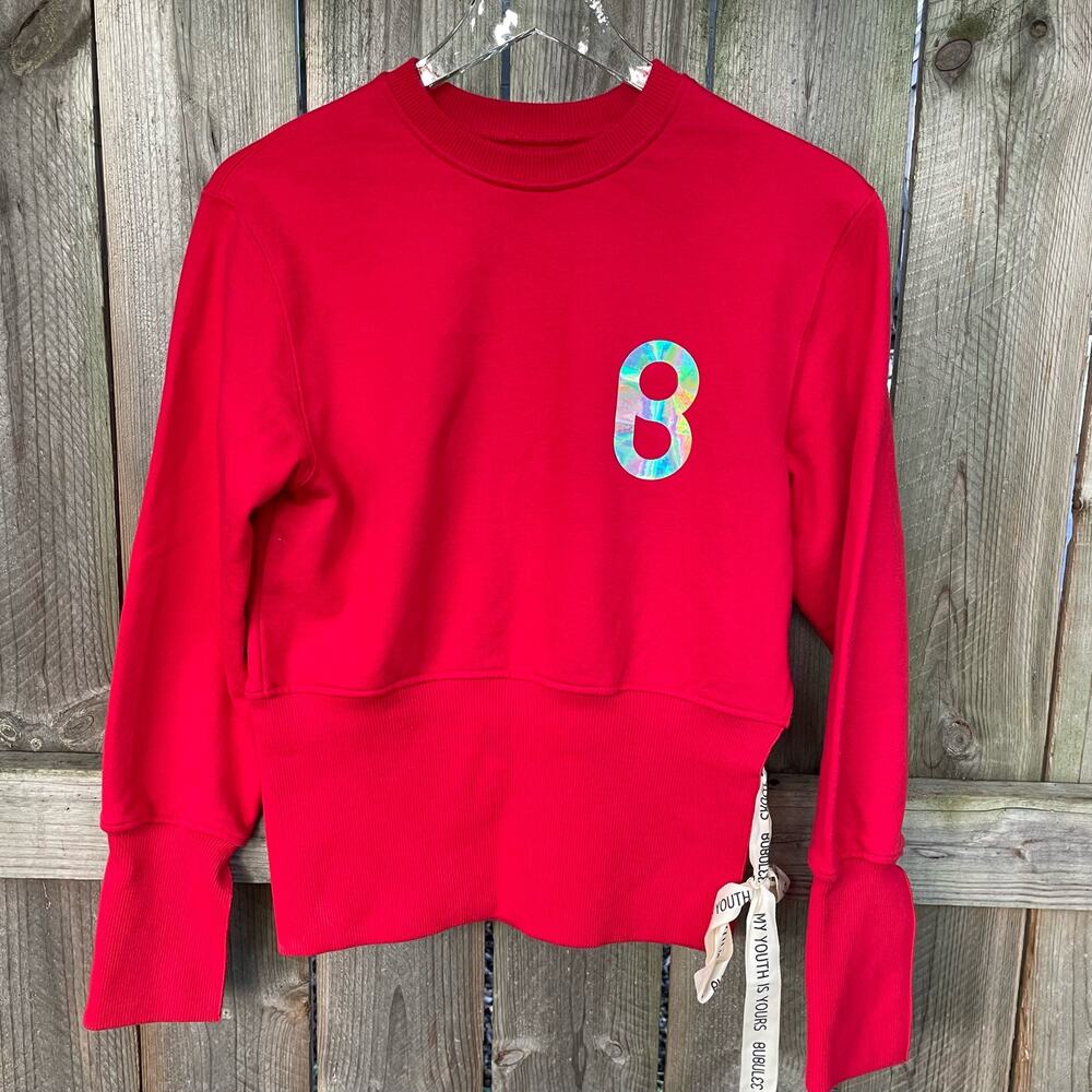 Bubulee Sweatshirt Ribbon Round Neck Pullover Red Free Size My Youth is Yours‎